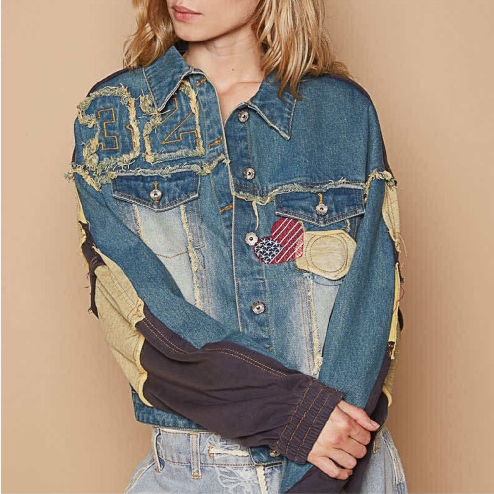POL Distressed Blue Jean Jacket with Patchwork NWT